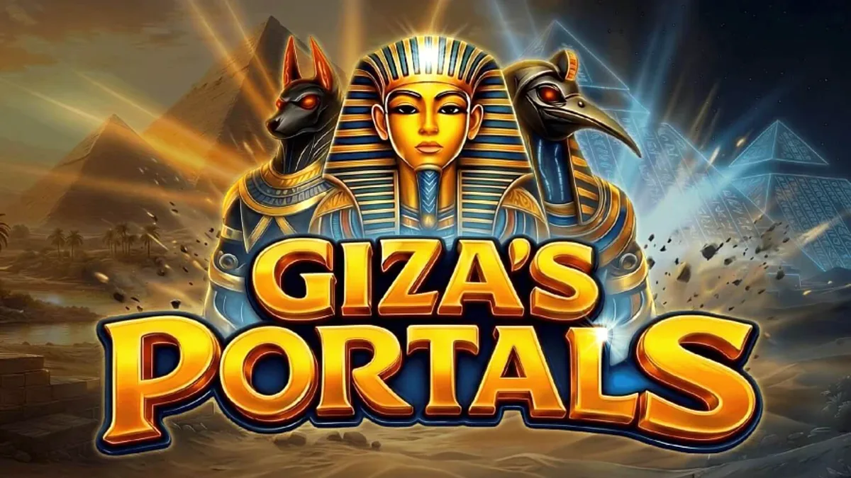 Tampilan visual slot Giza’s Portals dengan latar belakang kuil Mesir kuno dan piramida.