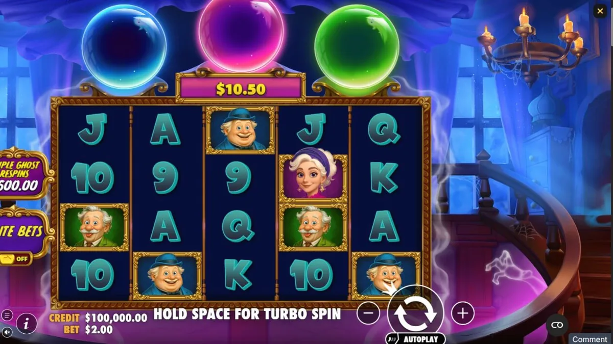 Tampilan visual slot Great Ghosts dengan tema rumah hantu kartun