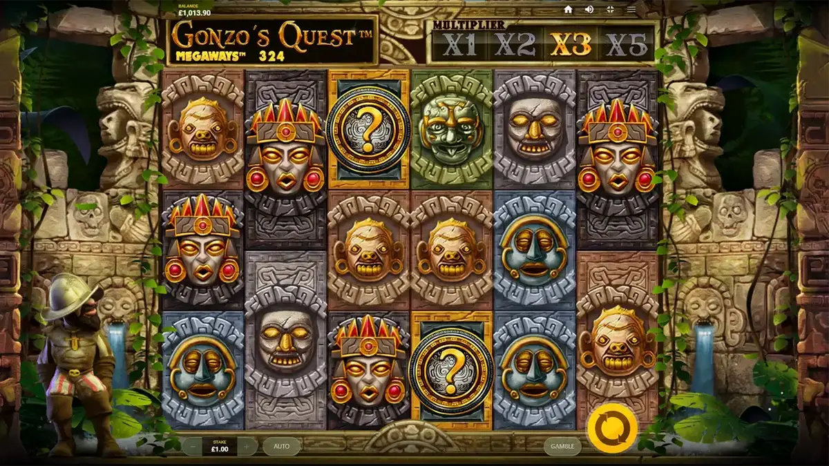 Gonzo’s Quest Megaways slot dengan latar belakang reruntuhan kuno dan simbol topeng batu